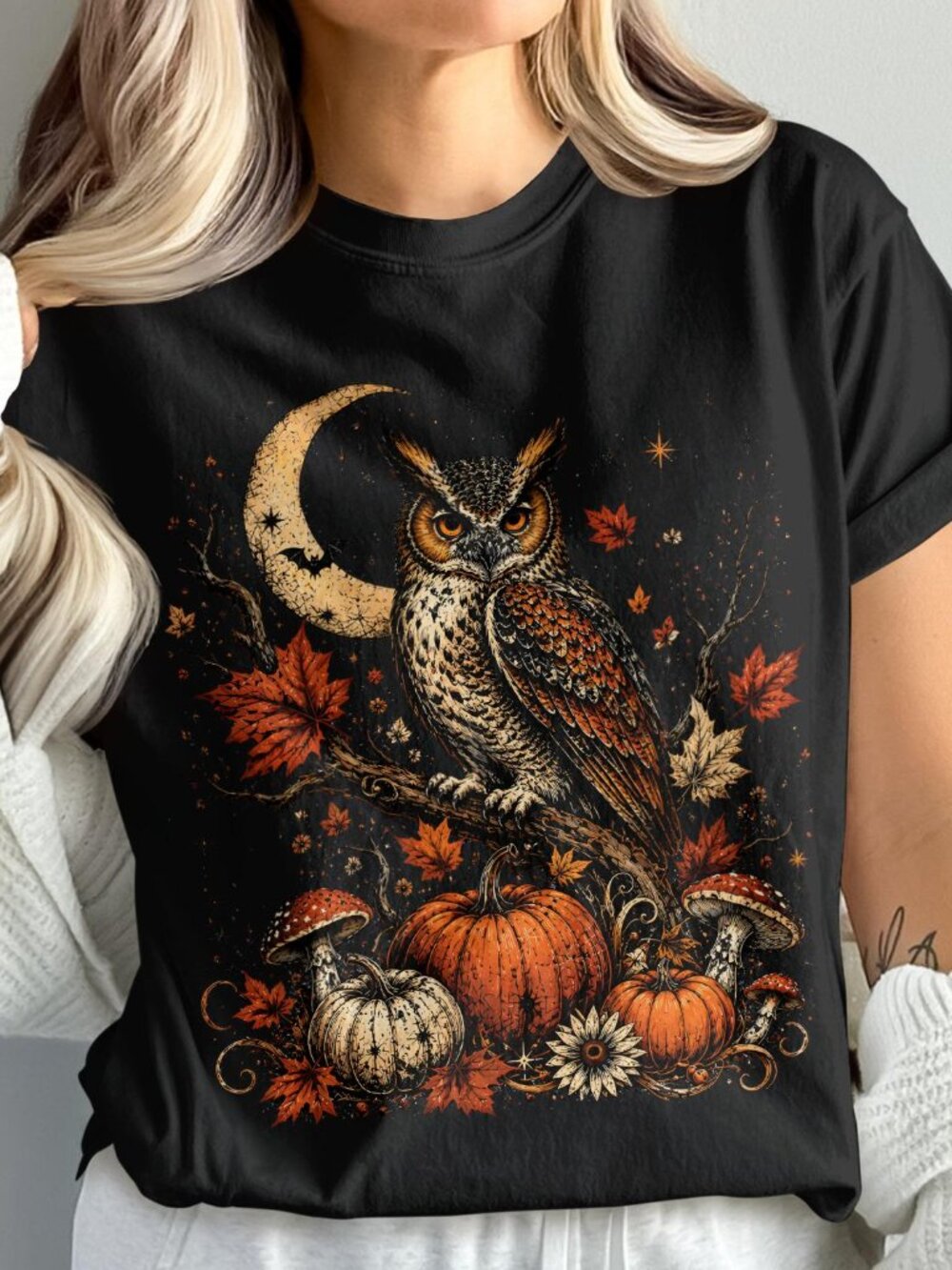 Fall Owl Shirt Autumn Aesthetic Halloween Moon Pumpkins Mushroom